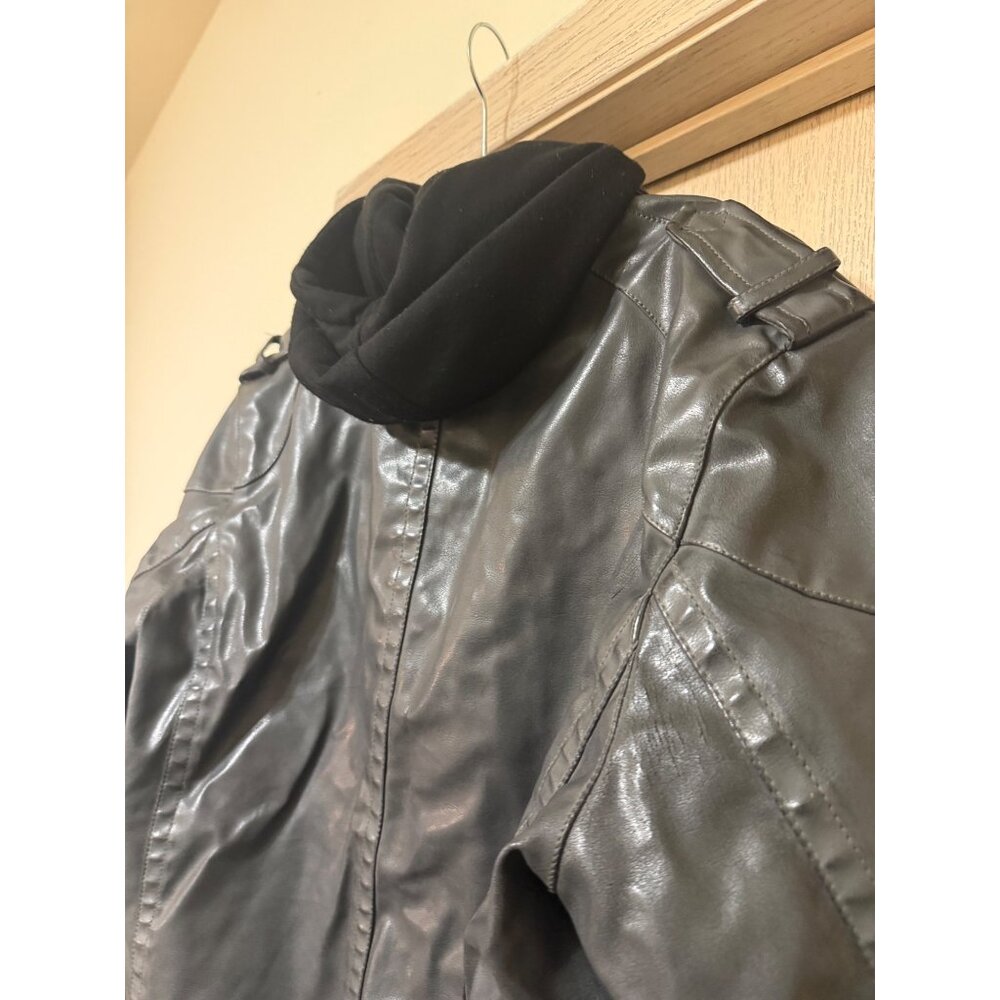 Sonoma Men’s Large Faux Leather Jacket Gray Fleece Hooded Zip Up Coat -READ Desc - Picture 3 of 9